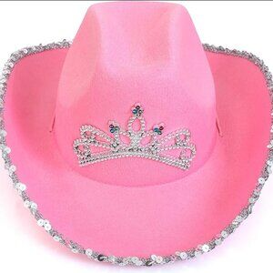 Pink Cowboy Hat - Pink Sequin Cowgirl Princess Hat with Crown Tiara Design